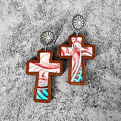 Разноцветный Серьги-гвоздики в виде пасхального креста, с фурнитурой для сережек из сплава, платина, красочный, 72 мм