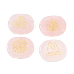 Розовый Кварц 4шт 4 стили натуральный розовый кварц дисплей украшения, фигурка для украшения дома, энергетический камень рейки для исцеления, овал с символами воздуха, пожар, элементы воды и почвы, 25x20x7~7.5 мм, 1 шт / стиль