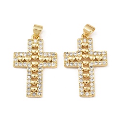 Настоящее золото 18K Латунные микропаве прозрачные подвески с фианитом, крест с подвеской в виде сердца, долговечный, без кадмия и без свинца, реальный 18 k позолоченный, 27x17.5x2.5 мм, отверстие : 5x3.5 мм