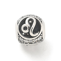 Лео Латунные прозрачные фианиты европейские бусины, бусины с большим отверстием, рондель с двенадцатью созвездиями, античное серебро, Лев, 11.5 мм, отверстие : 4.5 мм