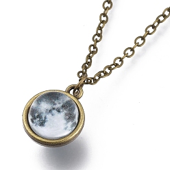 Planet Ожерелье из стекла, с тросовыми цепями из сплава и застежками-клешнями, без кадмия и без свинца, круглые, узор галактики, 20.07 дюйм (51 см), подвески: 18x15x14 мм