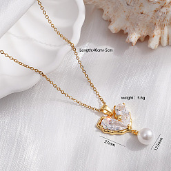 Прозрачный Подвеска в виде сердца из латуни с фианитами и белой круглой пластиковой жемчужиной ко Дню святого Валентина 304 Цепочка из нержавеющей стали для женщин, золотые, прозрачные, 15.75 дюйм (40 см)