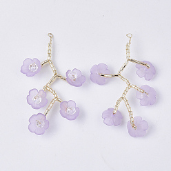 Plum Acrylic Big Pendants, with Clear Glass Beads and Golden Plated Brass Wires, Flower, Plum, 55~60x30~35mm, Hole: 2mm