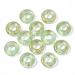 Бледно-Зеленый Прозрачные стеклянные бусины, окрашенные распылением, бусины с большим отверстием, с золотой фольгой, пончик, бледно-зеленый, 11x3 мм, отверстие : 4 мм