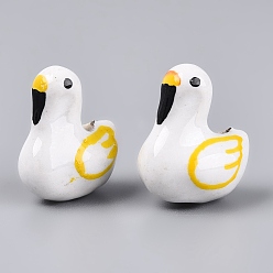 Золотистый Ручной фарфоровые керамические шарики, лебедь, Famille выросли стиле, золотые, 21~22x17.5~18.5x12.5~13.5 мм, отверстие : 1.6~2 мм