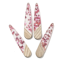 Светло-Вишневый Деревянные подвески, смола и золотая фольга, слеза, светло-вишневый, 53.5x11x4 мм, отверстие : 1.5 мм