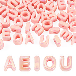 Pink 50 pcs 5 styles placage uv perles acryliques opaques, iridescent, lettre aeiou, rose, 20.5x8~18x13.5mm, Trou: 6mm, 10 pcs / style
