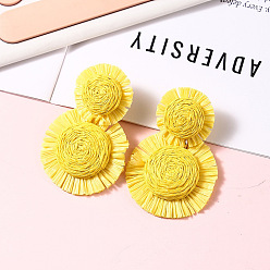 Желтый Серьги-гвоздики из рафии в богемном стиле, цветок, желтые, 70x45 мм