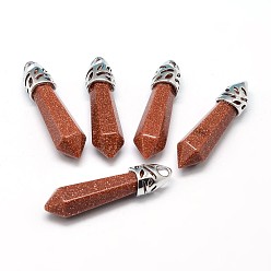 Камень с Пылевым Золотом Заостренные подвески из сплава платины и синтетического золота с золотым камнем, без кадмия и без свинца, 33~40x8~9 мм, отверстие : 3x4 мм