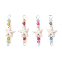 Морская звезда 4шт. 4 цвета летний пляжный окрашенный синтетический бирюзовый соединительные подвески, с натуральным аквамарином, окрашенным агатом, зеленым авантюрином и аметистом, гранеными круглыми бусинами и 304 двойными петлями из нержавеющей стали, цвет нержавеющей стали, морская звезда, 41~42x14x5.5 мм, отверстия : 2 mm и 3.5 мм, 1 шт / цвет