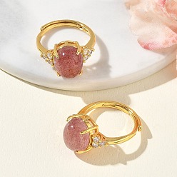Клубничный Кварц Браслет-кольцо из латуни с микропаве из кубического циркония и натуральным клубничным кварцем., овальные, стойки покрытие, долговечный, золотые, 12 мм, размер США 7 1/4 (17.5 мм)