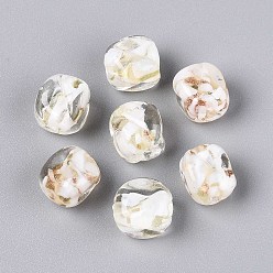 (404) Непрозрачное AB Кислое яблоко Бусины ручной работы бусины золотого песка, кубовидной с цветком, с фарфором, цветочный белый, 12~13x10~11x10~11 мм, отверстие : 1.2~1.5 мм