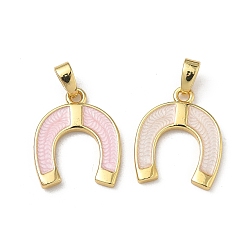 Pink Латунь эмаль подвески, подковы очарование, розовые, 17x14x1.6 мм, отверстие : 4x2.5 мм