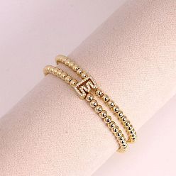 Letter E Браслеты из латуни с микропаве из прозрачных кубических циркониевых бусин, двойные нити, эластичные, для женщин, буква и круг, золотые, Письмо E, 6.69 дюйм (17 см)