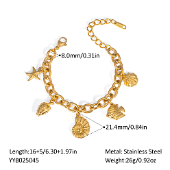 Настоящее золото 18K Стильные браслеты с подвесками из нержавеющей стали в виде океана, браслеты-цепочки для женщин, морская звезда и форма ракушки и рыба, реальный 18 k позолоченный, 6-1/4 дюйм (16 см)