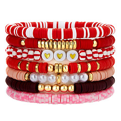 (123L) Белый крем непрозрачный блеск 7 Набор эластичных браслетов для женщин с узором в виде сердечек из полимерной глины, пластиковых бусин и жемчуга, а также пластиковых бусин CCB., огнеупорный кирпич, внутренний диаметр: 2.56~5.12 дюйм (6.5~13 см)