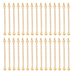 Real 18K Gold Plated 30Pcs 304 Stainless Steel Curb Chain Extender, End Chains with Lobster Claw Clasps and Flat Round Chain Tabs, Real 18K Gold Plated, 66mm