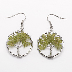 Перидот Болтаются серьги, с естественными бусинами перидота и латунными крючками, Кольцо с деревом жизни, 50 мм , штифт: 0.6 мм