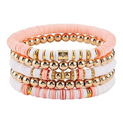 Персиковый Слойка 5шт. 5 стильные браслеты из полимерной глины Heishi Surfer Stretch с синтетическим гематитом, прозрачные кубические циркониевые звезды опрятные браслеты для женщин, розовые, внутренний диаметр: 2-1/8~2-1/4 дюйм (5.5~5.7 см), 1 шт / стиль