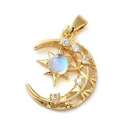 Real 18K Gold Plated Brass Micro Pave Clear Cubic Zirconia with Glass Pendants, Moon & Star Charms, Real 18K Gold Plated, 19x14.5x3mm, Hole: 3x4mm