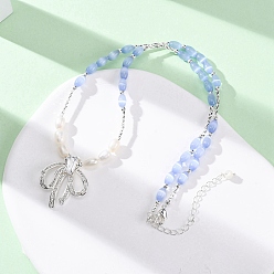 Серебро Ожерелья из натурального жемчуга и бусин кошачий глаз, латунные ожерелья с подвесками в виде банта для женщин, васильковый, серебряные, 15.55 дюйм (39.5 см)