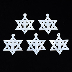 Freshwater Shell Natural Freshwater Shell Pendants, for Jewish, Star of David with Cross, 25x22x1.5mm, Hole: 1mm