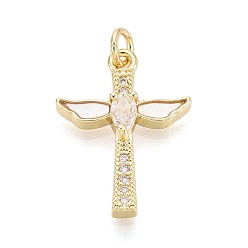 Настоящее золото 18K Латунные микропаве прозрачные подвески с фианитом, с оболочкой, подвески крест и крыло, с целью перехода в кольце, реальный 18 k позолоченный, 22.5x16.5x4 мм, отверстие : 3 мм