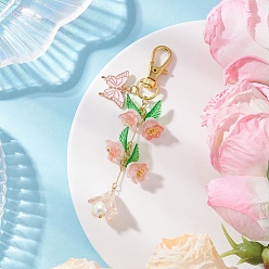 Pink Акриловые цветочные подвески, украшения, с карабинами-карабинами из сплава и подвесками в виде бабочек из сплава с эмалью, розовые, 101.5 мм