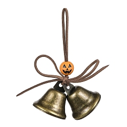 Оранжевый Хэллоуин железный колокольчик подвесные украшения, круглая деревянная бусина и шнур из искусственной замши для украшения стены на двери дома, оранжевые, 114 мм