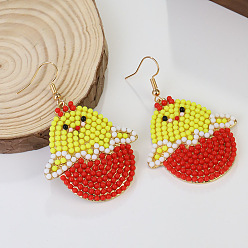 Красный Пасхальные серьги-подвески в виде цыплят из цинкового сплава и стекла., золотые, красные, 60x37 мм