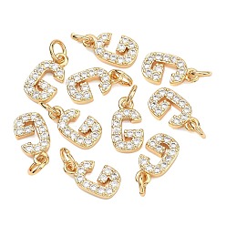 Letter G Colgantes Shegrace de latón con microengaste de circonitas cúbicas transparentes, sin níquel, real 18 k chapado en oro, dijes de la letra g, 12.5x7x2.5 mm, anillo de salto: 5x1 mm, diámetro interior: 3 mm