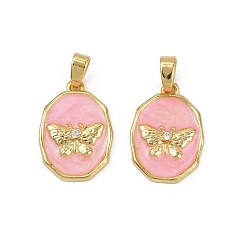 Pink Латунные микро проложить кубического циркония подвески, без кадмия и без свинца, с эмалью, овальные с бабочкой, реальный 18 k позолоченный, розовые, 17.5x12.5x2.5 мм, отверстие : 4.5x2.5 мм