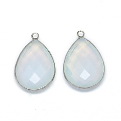 Опал Opalite подвески, с латунной фурнитурой , граненые, слеза, платина, 29~31x19x6~7 мм, отверстие : 2 мм