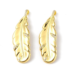 Real 18K Gold Plated Rack Plating Brass Micro Pave Cubic Zirconia Pendants, Leaf Charm, Cadmium Free & Lead Free, Long-Lasting Plated, Real 18K Gold Plated, 41x13x2mm, Hole: 4x2mm