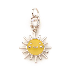 Platinum Brass Micro Pave Cubic Zirconia Pendants, with Enamel and Jump Rings, Sun, Yellow, Platinum, 18mm, Jump Ring: 4x0.6mm, Hole: 2.5mm