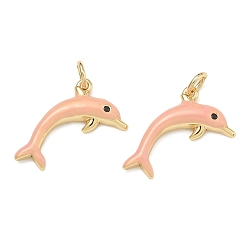 Pink Латунные микропаве из черного кубического циркония, с эмалью, прелести дельфинов, стойки покрытие, долговечный, без свинца и без кадмия, реальный 18 k позолоченный, розовые, 18.5x19x3 мм, отверстие : 3.2 мм