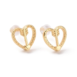 Golden Brass Heart with Arrow Stud Earrings for Valentine's Day, Cadmium Free & Lead Free, Golden, 11x11mm, Pin: 0.9mm