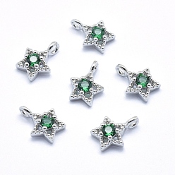 Платинированный Латунь прелести, с кубического циркония, без кадмия, без никеля и без свинца, звезда, зелёные, Реальная платина, 11x7.5x4 мм, отверстие : 2 мм