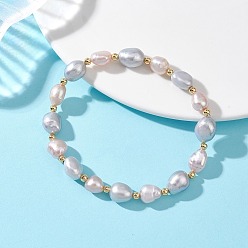 Серебро Браслеты из натуральных пресноводных бусин искусственного жемчуга для женщин, рис, с латунной бисера, реальный 18 k позолоченный, серебряные, бусины : 7~10x6~8x5~6.5 мм, внутренний диаметр: 2.13 дюйм (5.4 см)