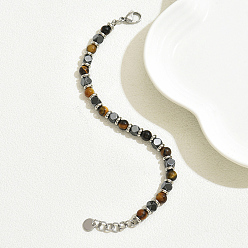 Cube Браслеты из бусин из натурального тигрового глаза и немагнитного синтетического гематита для повседневной носки и вечеринок, с шарики из нержавеющей стали, кубические, 7-1/4 дюйм (18.5 см)