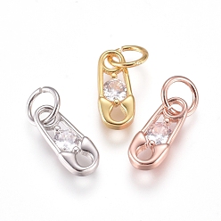 Mixed Color Brass Charms, with Cubic Zirconia and Jump Rings, Safety Pin, Clear, Mixed Color, 10x4.5x2mm, Hole: 3.5mm