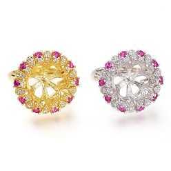 Mixed Color Adjustable Brass Finger Cup Peg Ring Settings, with Micro Pave Cubic Zirconia, For Half Drilled Beads, Long-Lasting Plated, Flower, Fuchsia & Clear, Mixed Color, US Size 6 3/4, Inner Diameter: 17mm, Tray: 12mm