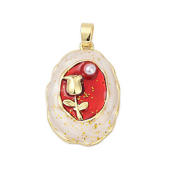 Oval Латунь эмаль подвески, с имитацией жемчуга, стойки покрытие, прочное покрытие, без кадмия и без свинца, овальные, 24.5x16.5x4.5 мм, отверстие : 3.5x2.5 мм