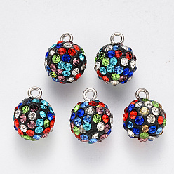 Разноцветный Подвески со стразами из полимерной глины, с железной петлей с платиновым покрытием, круглые, проложить диско-шар, красочный, С. 16 (2.2~2.3 мм), 15x12 мм, отверстие : 2 мм