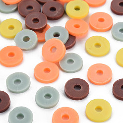Aqua 4 Colors Handmade Polymer Clay Beads, Heishi Beads, Disc/Flat Round, Aqua & Light Salmon & Champagne Yellow & Brown, 8x0.5~1.5mm, Hole: 2mm, about 11500pcs/1000g