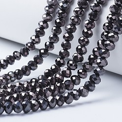 Gunmetal Plated Electroplate Transparent Glass Beads Strands, Full Plated, Faceted, Rondelle, Gunmetal Plated, 8x6mm, Hole: 1mm, about 63~65pcs/strand, 39~40cm