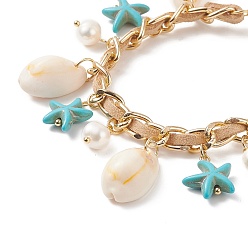 Golden Natural Shell & Shell Pearl & Synthetic Starfish Charm Bracelet, Aluminium Chains Ocean Bracelet for Women, Golden, 7-1/4 inch(18.3cm)