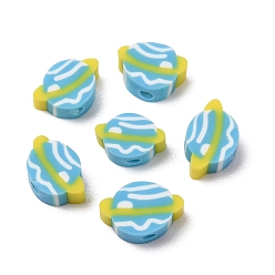 Deep Sky Blue Handmade Polymer Clay Beads, Planet, Deep Sky Blue, 7.5~8x10.5~11x4mm, Hole: 2mm