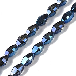 Marine Blue Electroplate Glass Beads Strands, Full Rainbow Plated, Faceted, Oval, Marine Blue, 9.5x5.5mm, Hole: 1.2mm, about 60pcs/strand, 22.05''(56cm)