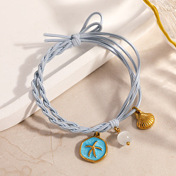 Небесно-голубой 304 Браслеты из нержавеющей стали с эмалью и подвесками из смолы, регулируемые женские браслеты из плетеного шнура из полиэстера, форма раковины и морская звезда, голубой, внутренний диаметр: 1.97 дюйм (5 см)